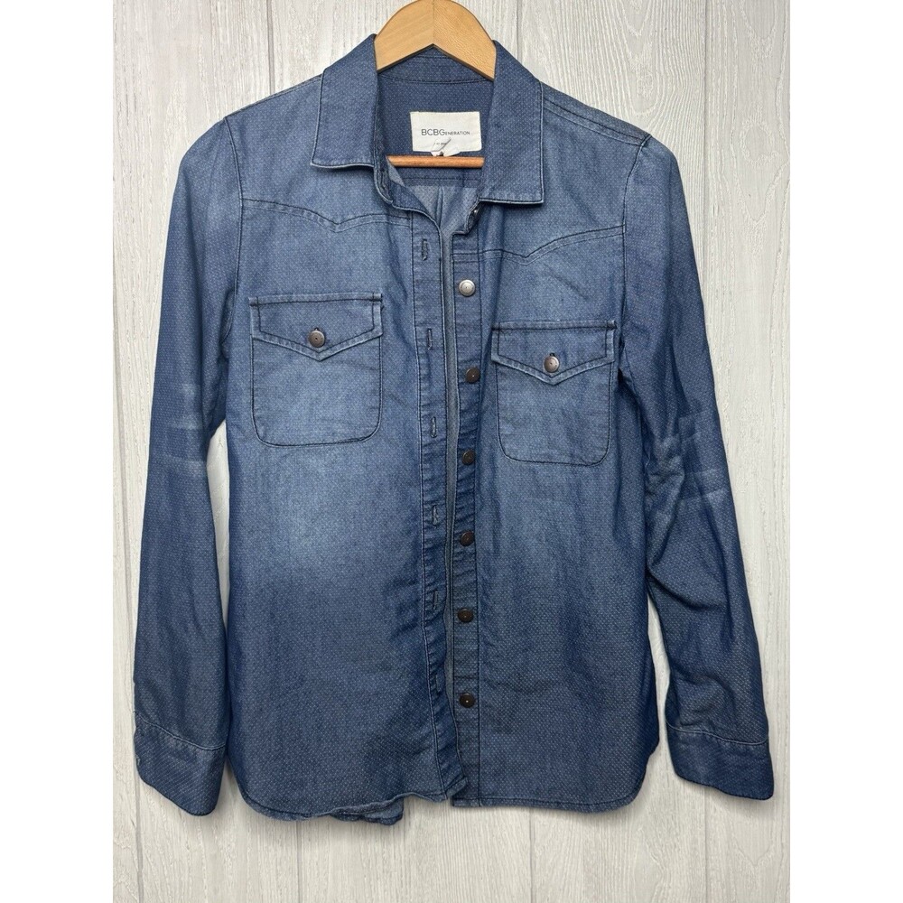 Sm Blue Women's Denim Shirt, Micro dot pattern Button up Collared Pocket, BCBG
